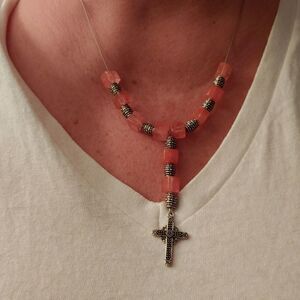 Handmade Necklace Pink Quartz & metal barrel spacers w/ metal cross Necklace